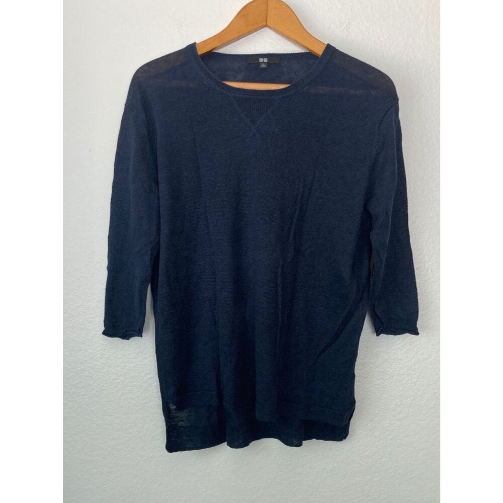 Uniqlo 100% Linen Crew Neck Split Hem Sweater Women's Large Navy Blue 3/4 Sleeve